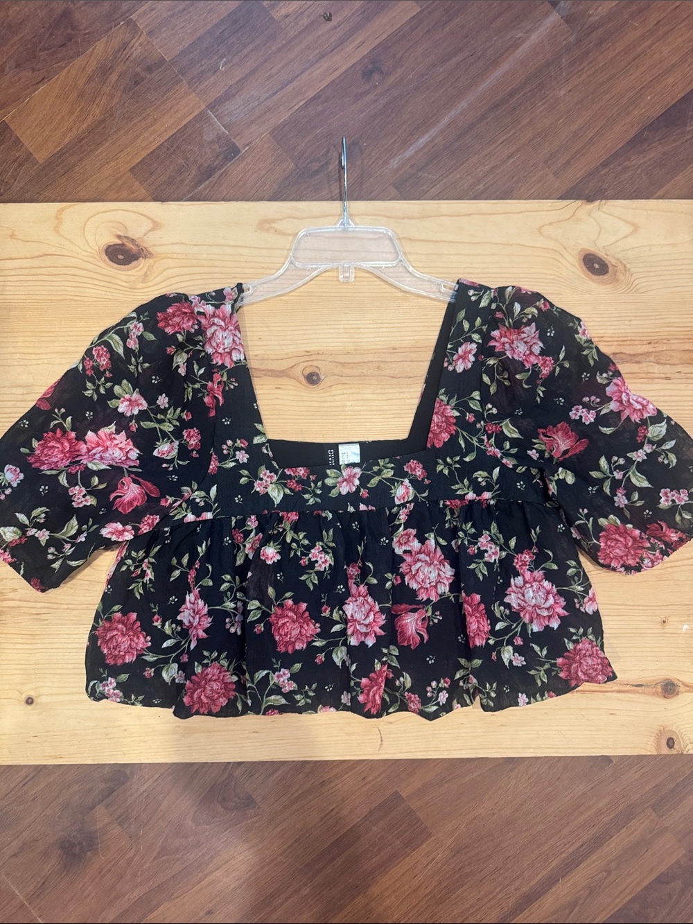 DIVIDED by H&M Black Floral Square-Neck Puff Sleeve Crop Top